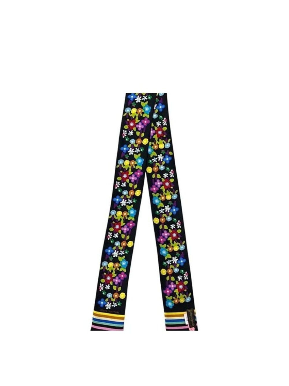 Louis Vuitton Ribbon Scarf Bandeau Multi Flower Silk Noir Black